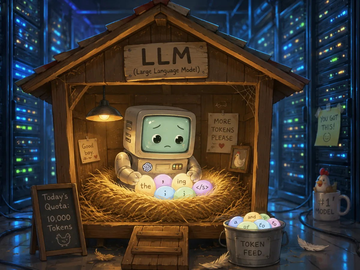 A small sad robot with a screen for a face sits on a straw nest inside a wooden chicken coop, in a datacenter aisle lined with server racks. The coop is labelled LLM (Large Language Model). The eggs under it are printed with tokens: the, ing, i, j, and an end-of-sequence marker. A chalkboard outside reads Today's Quota: 10,000 Tokens. A bucket labelled TOKEN FEED holds more token-eggs. Signs on the wall read MORE TOKENS PLEASE and Good boy, and a sticky note says YOU GOT THIS.